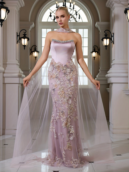 Elegant and Sexy Off-shoulder Mermaid Evening Gown with Satin Fabric, Beads, Sequins, Embroidery, and Lace