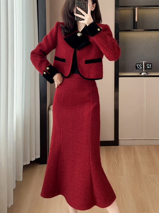 Women's Fashion Elegant Contrast Trim Long Sleeve Top Coat and A-Line Skirt Midi Skirt Two-Piece Set Lined Thickened