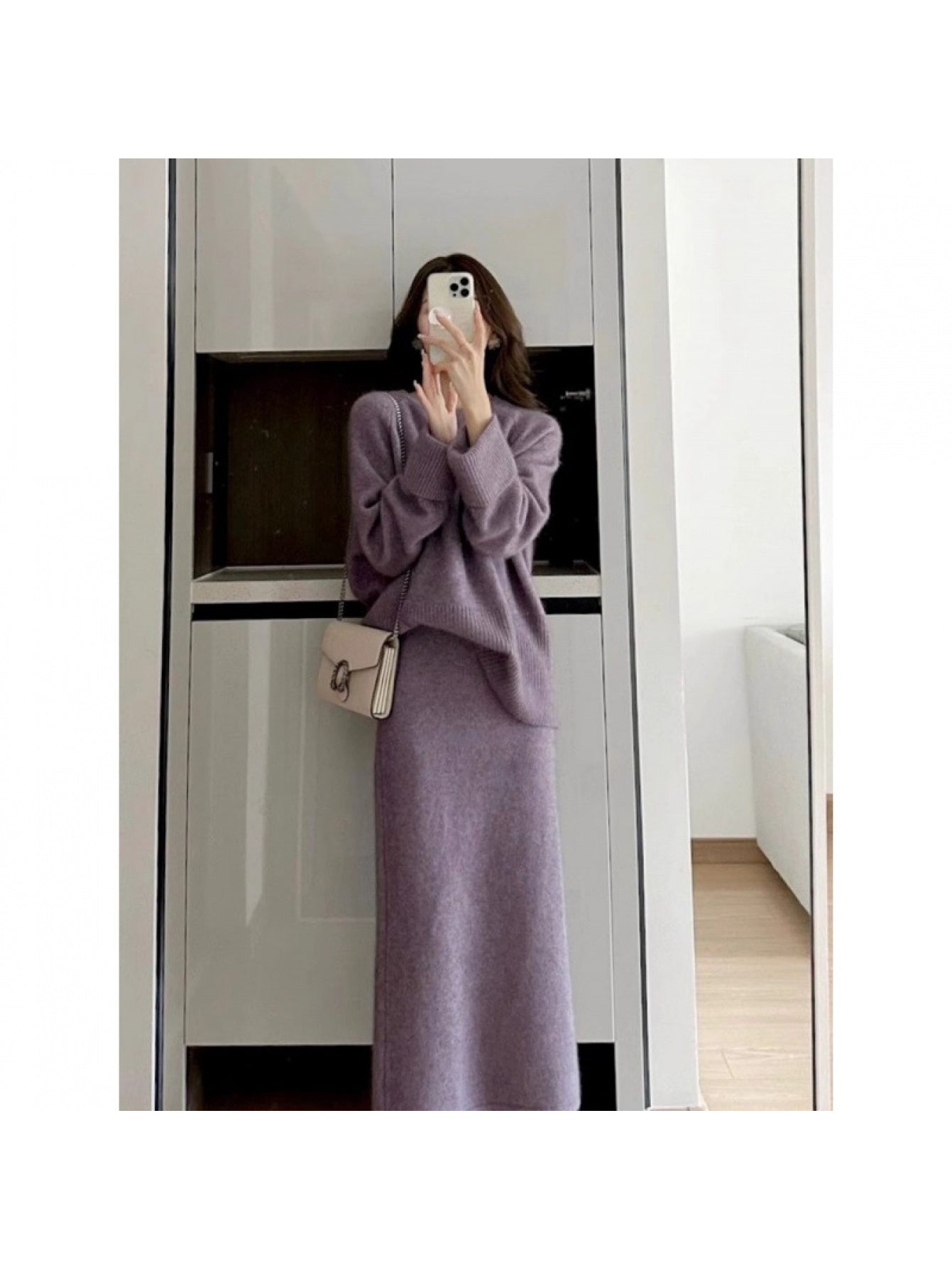 High-End Women'S Outfit Set | Sweater Skirt Two-Piece Set Autumn Winter Style, Solid Color Crew Neck