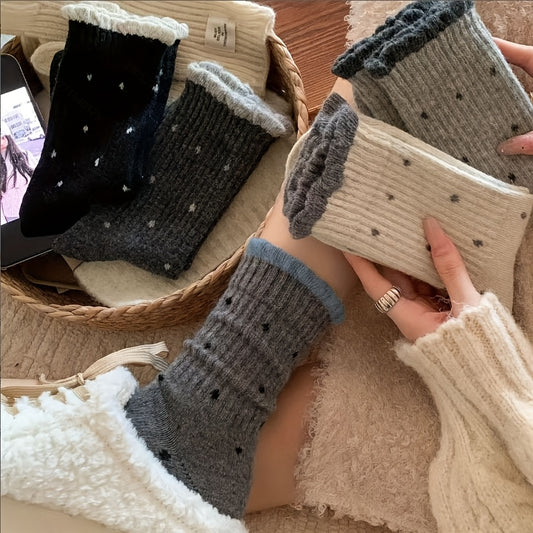 5 pairs of Ladies' Mid-Tube Retro Polka Dot Socks | Dopamine Color, Gentle Lace, Wide Mouth Design, Comfortable and Versatile, Fabric, Machine Washable