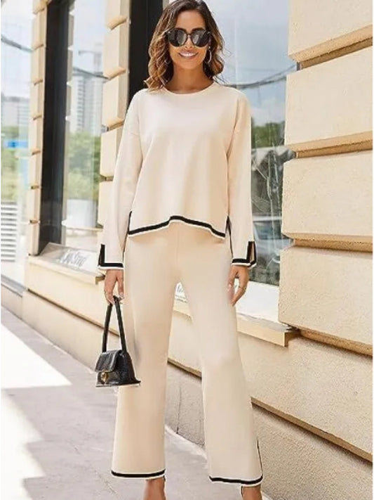Women' 2pcs Suit - Collarless Blouse & Wide- Pants with Flared Hem, Oversized Loose Fit Matching Outfit, Spring\Fall Casual to Semi-Formal Wear