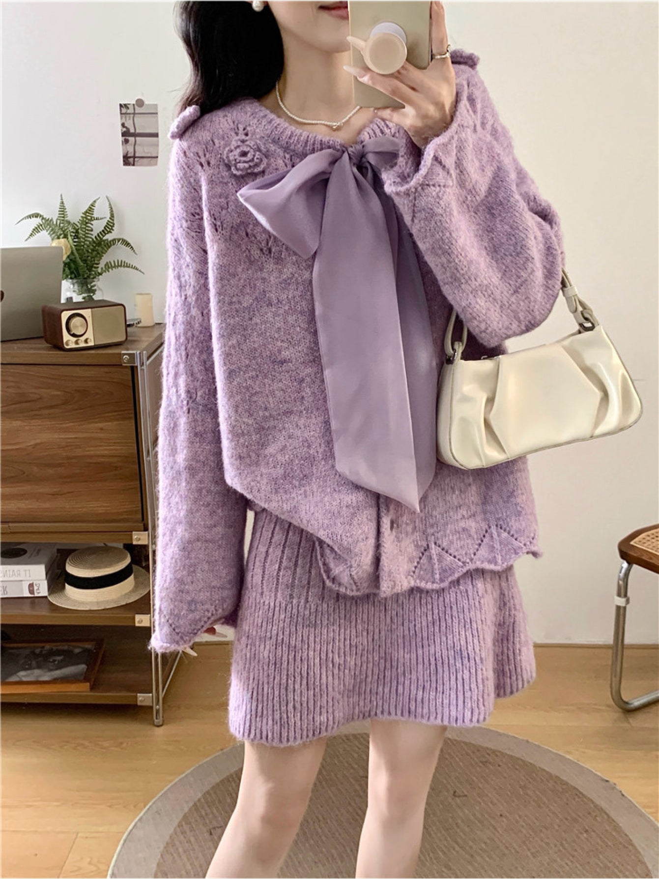 Autumn Winter Gentle Style Purple Set | 2025 New French Style Sweater and Skirt Two-Piece Set, Elegant Solid Color with Crew Neck