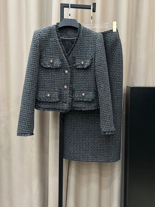 Suit Dress 2026 Socialite Tweed Fashion Gray 2pcs Set Jacket + Skirt