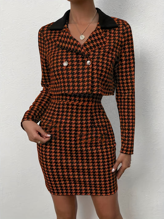 Elegant Contrasting Color Houndstooth Two-Piece Set | Spring and Autumn, Short Halter Dress with Long Sleeved Coat, Button Details, Lapel Collar