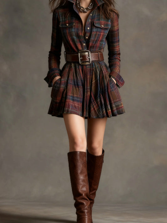 Plaid Shirt Short Dress, Women | Waist Pleated Skirt Pendulum + Tooling Pocket Design | Elegant Fitted Style, One Shoulder Collar, Solid Color