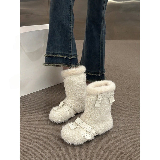 Women's Ankle Boots Feature a Fluffy Plush Texture Design, Paired with Bow Decorations and Embellished Details