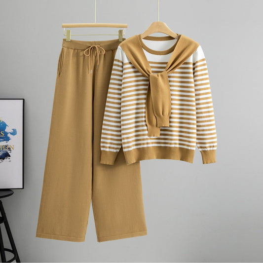 Elegant Elegant Style Striped Professional Suit, Fashionable Sweater Wide-Leg Pants Two-Piece Set