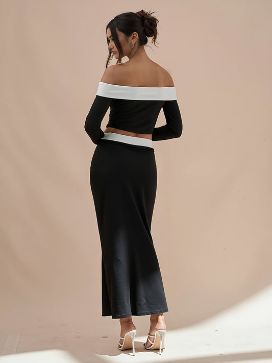 Elegant Color Block Off-Shoulder Crop Top + Side Slit Mermaid Skirt Outfit Set