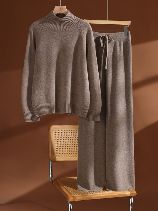 Fashion Women's 100% Wool Sweater Pants Set Thick Mock Neck Pullover Wide Leg Pants Autumn Winter Warm Casual Wool Knitwear Suit