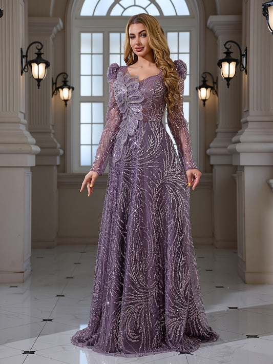 Beaded Sequin Embroidery 3D Decorative Flower Puff Sleeve Long Elegant V-Neck A-Line Skirt Maxi Evening Dress