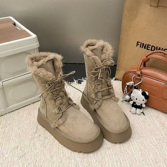 Women' Thermal Fleece-Lined Thickened Mid-Calf Snow Boots with Sole & Lace-Up Closure - Heavy-Duty Winter Traction Suitable for Ice, Slush, Snow