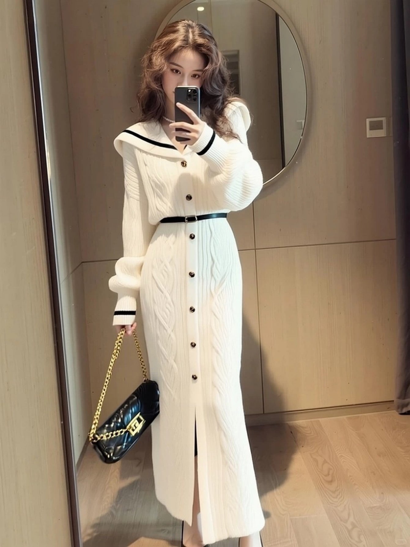 Elegant White Dress for Women | Mature and Elegant, Waist-Cinching, High-End Feel, Navy Collar, Solid Color, Crew Neck