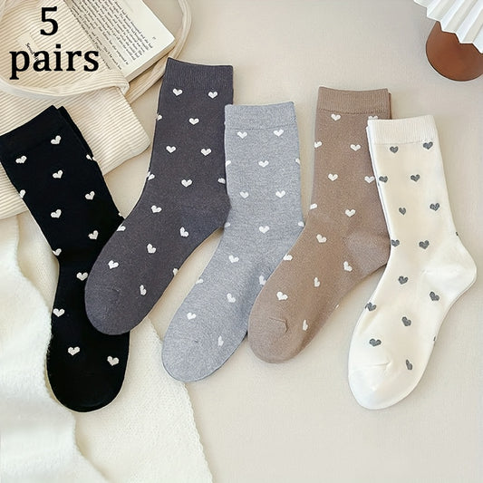 5 Pairs Women's Warm Winter Tube Socks - Soft Love Heart & Striped Jacquard Patterns