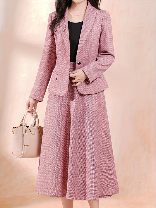 Elegant Pink 2pcs Suit Set with Fine Check Pattern, Pea Coat Collar Long-Sleeve Blazer + High-Waist Flared A-Line Waist-Cinching Dress, 2-in-1 Look Spliced Design Dress