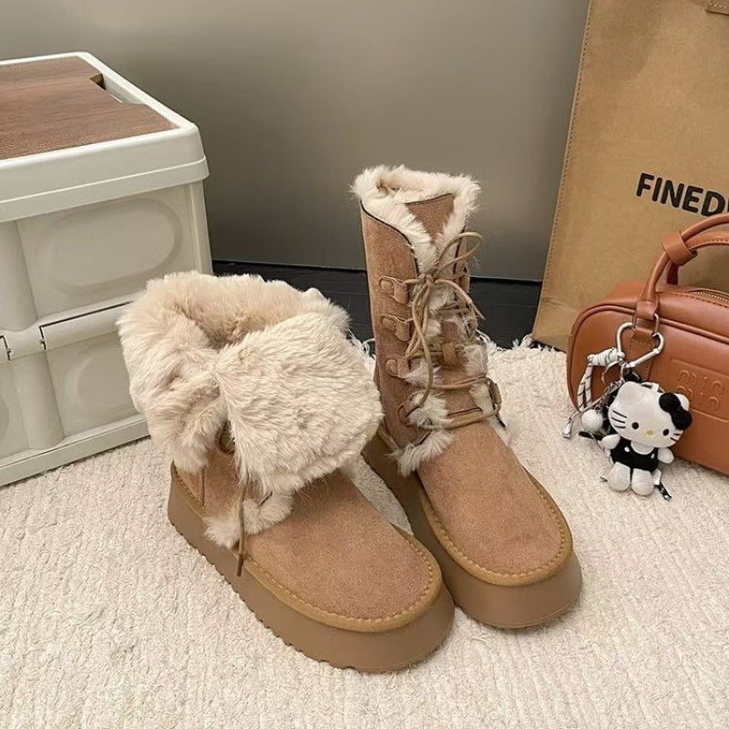 Women' Thermal Fleece-Lined Thickened Mid-Calf Snow Boots with Sole & Lace-Up Closure - Heavy-Duty Winter Traction Suitable for Ice, Slush, Snow