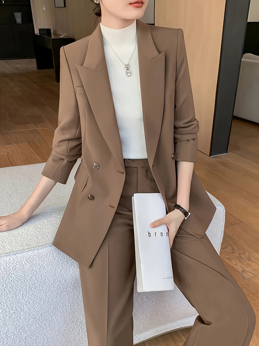 Fashionable Two-Piece Set Featuring an Elegant Double-Breasted Blazer And Long Trousers for a Chic Office Look
