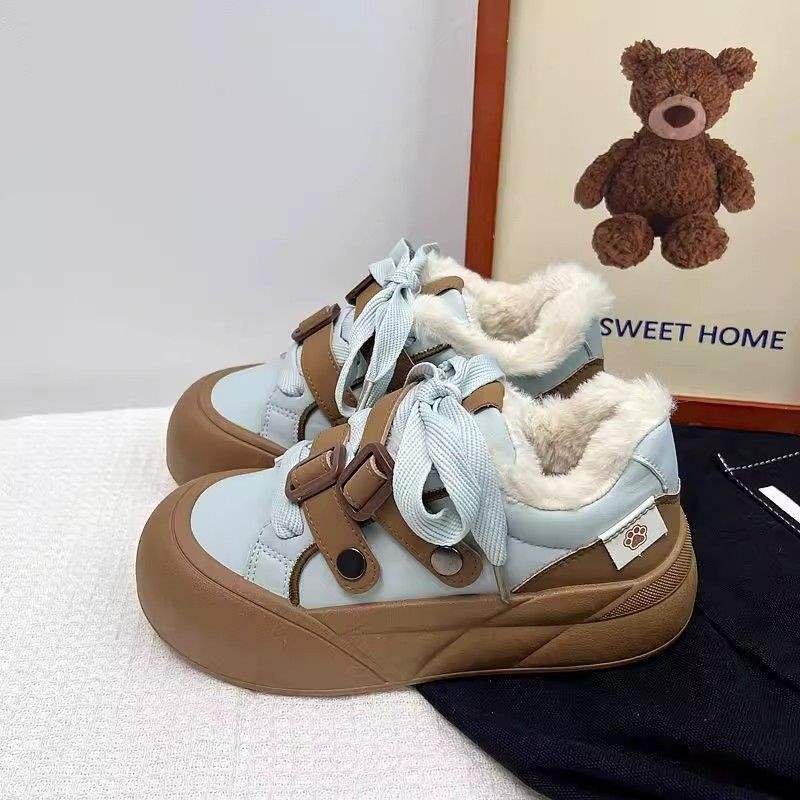 2026 Autumn Winter New Thick-Soled Wool-Lined Sneakers | Women Height-Increasing Ugly-Cute White Shoes with Rubber Sole and Fabric Lining, Women Shoes