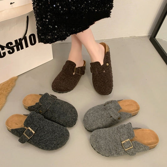 Local Warehouse Slip On Closed Toe Half Slippers Women Soft Sole Felt Retro Platform Shoes Spring Autumn New Thick Sole Height Increasing, Women Shoes