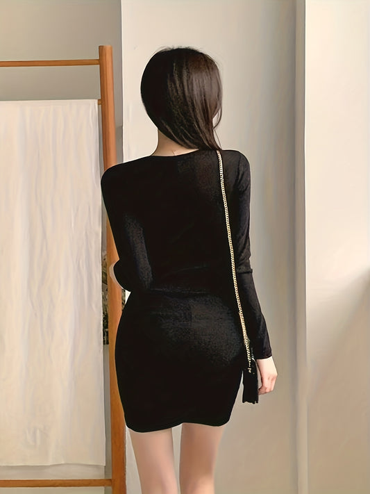 Women's Sexy Korean Style Square Neck Bodycon Dress - Long Sleeve Winter Dress with Beltless Waist, Curvy Hip-Hugging Skirt