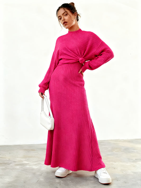 Autumn-Winter Fashion Versatile Waist-Cinching High-Neck Dress Two-Piece Set