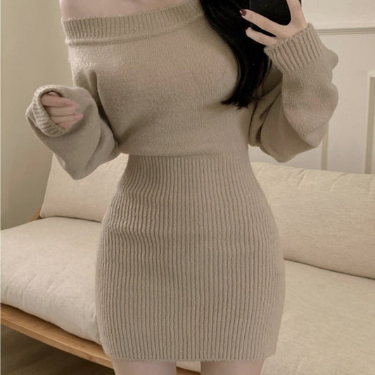 Korean Chic Autumn French Pure Desire Wind Diagonal Collar Shoulder Slim Single Color Hip Skirt Dress Women | Elegant Bodycon Fit, Solid Color