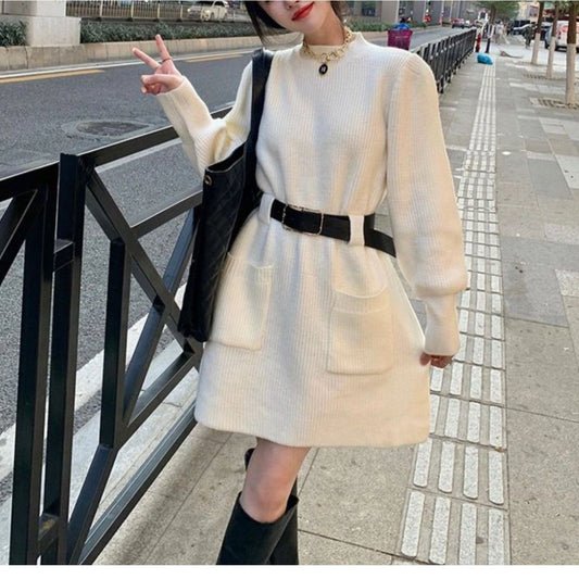 Women's French-Style Elegant Sweater Dress - A-Line Short to Mid-Length Petite Dress with, Wrinkle Detail & Umbrella