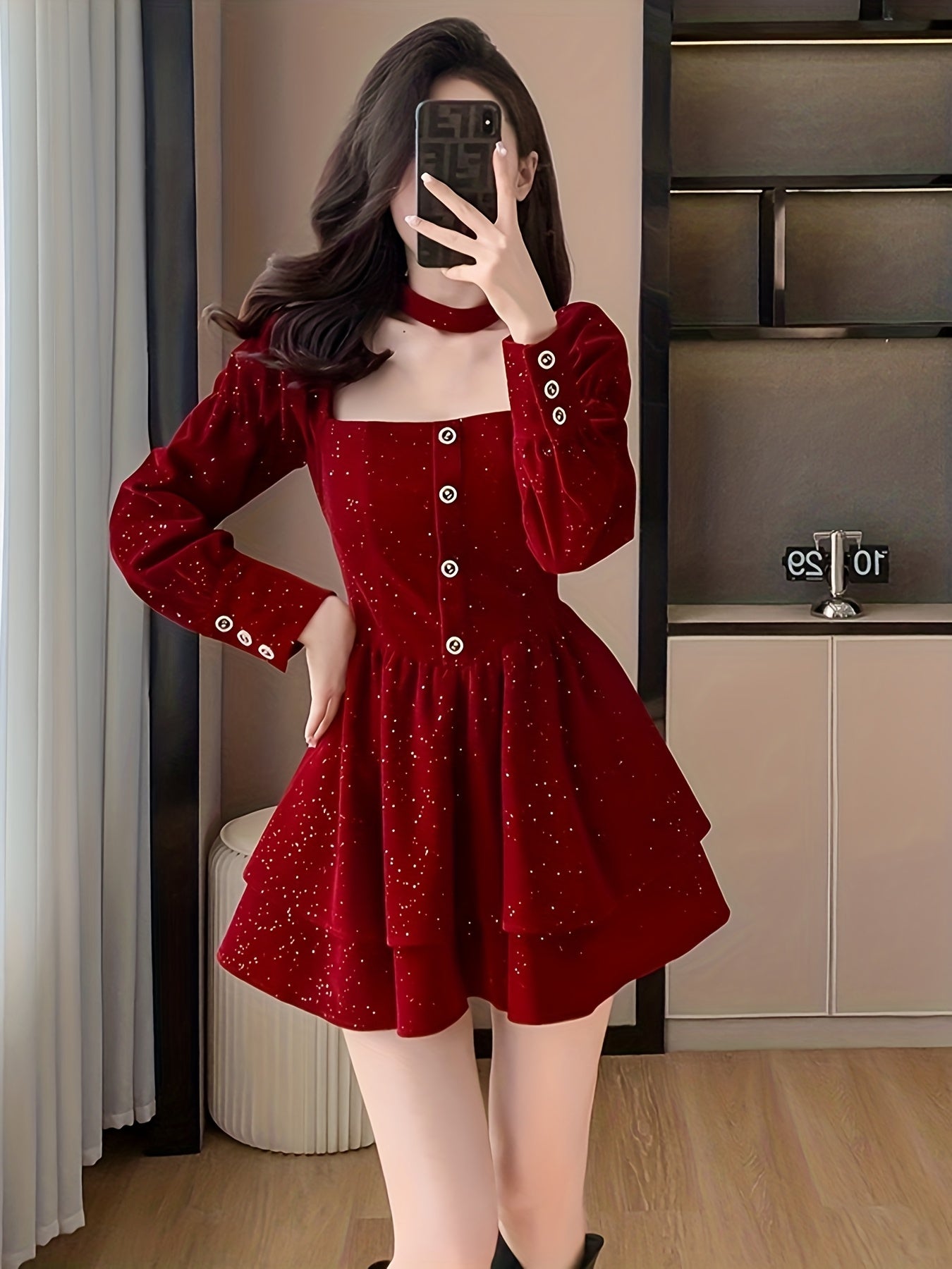 Sweet and Elegant Style Sexy Dress, Winter French Women's Christmas Dress, Red Dress Dress, Christmas Atmosphere Wear Winter Dress