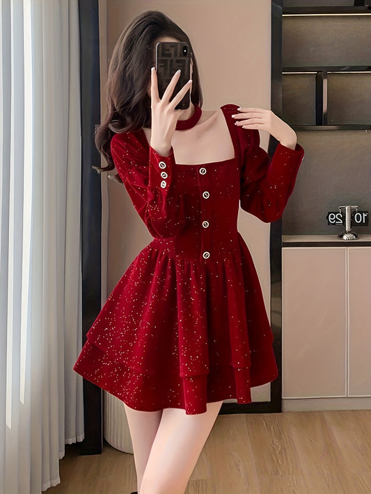 Sweet and Elegant Style Sexy Dress, Winter French Women's Christmas Dress, Red Dress Dress, Christmas Atmosphere Wear Winter Dress
