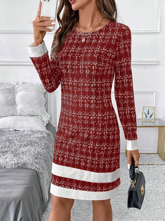 Weddings Church Special Events Women's Elegant Plaid Dress - Fitted Long Sleeve Round Neck A-Line Dress with Medium Stretch, All-Season Wear