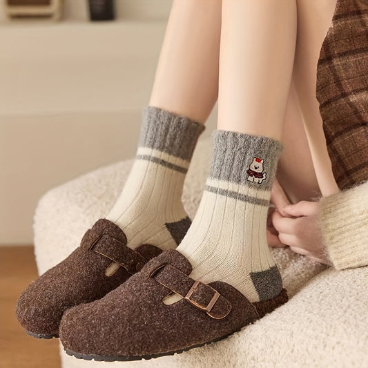 3 Pairs of Cute Cartoon Embroidered Mid Calf Socks | Women'S Luo Kou Tube Version, Warm and Comfortable, Versatile for Multiple Scenes