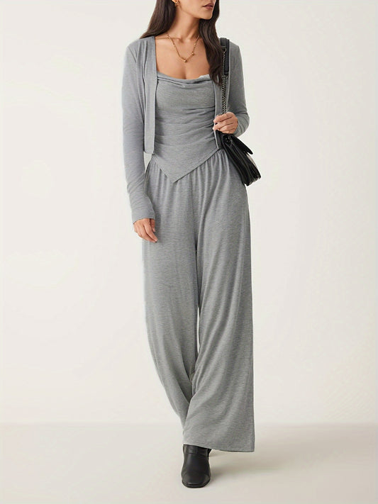 New Autumn and Winter Fashion Solid Color Casual Tank Top with Long Sleeve Jacket and Loose Wide-Leg Pants Set | Comfortable and Stylish Outfit for Cooler Seasons