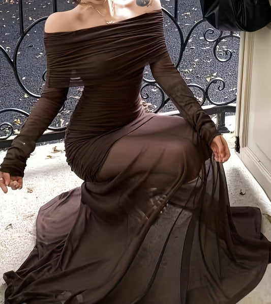 Pure Coffee-colored One-shoulder Long-sleeved Dress, Autumn and Winter Fashion, Waist-pleated Mesh Slim Long Skirt, Valentine's Day Off-the-shoulder Slightly Sexy Dress