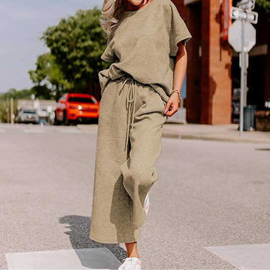 Short-Sleeved Drawstring Set, Loose Wide-Leg Pants, 2pcs Set for Women