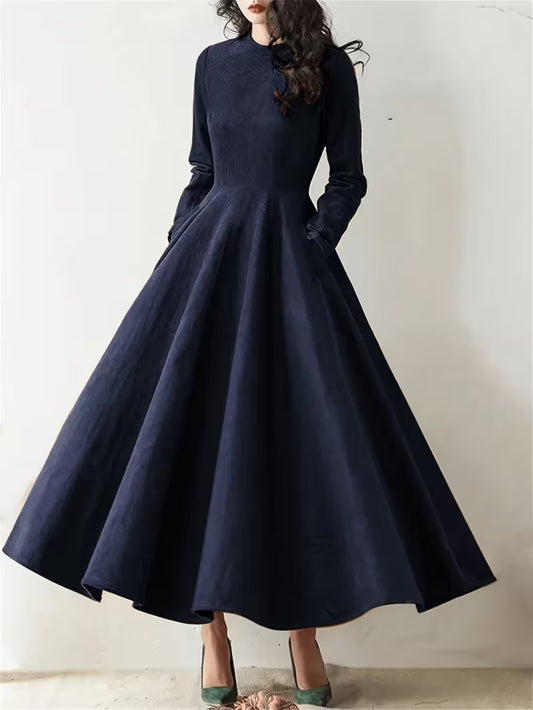 Navy Blue Fitted Waist Long Dress with Full Skirt for Women | Vintage Mandarin Collar Design, Perfect for Autumn\Winter Casual Dates and Elegant Commuting Attire