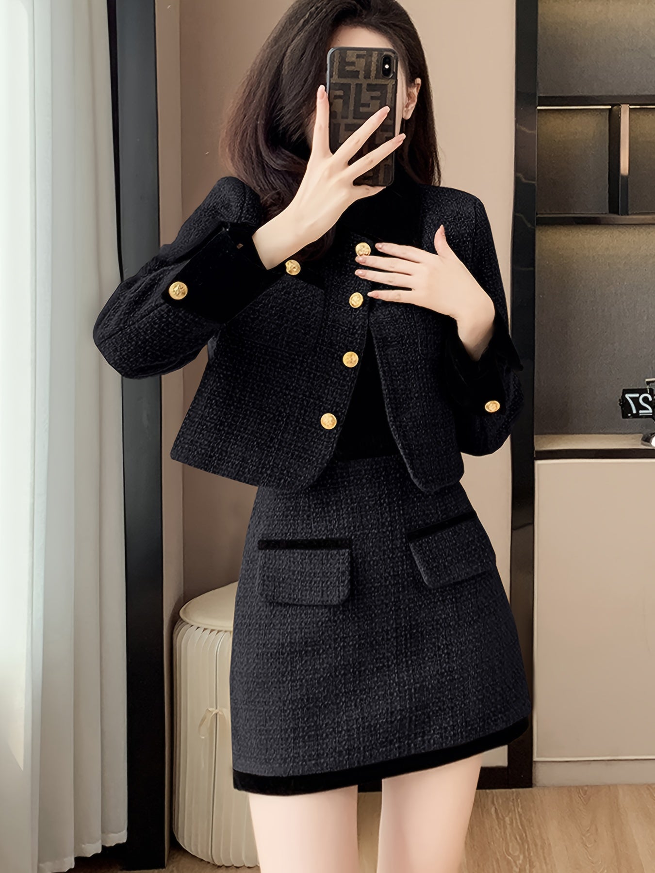 Elegant Two-Piece Set Elegant Two-Piece Set | Women's Autumn Winter Fashion Lapel Collar Button-Up Long Sleeve Top Coat Short Skirt