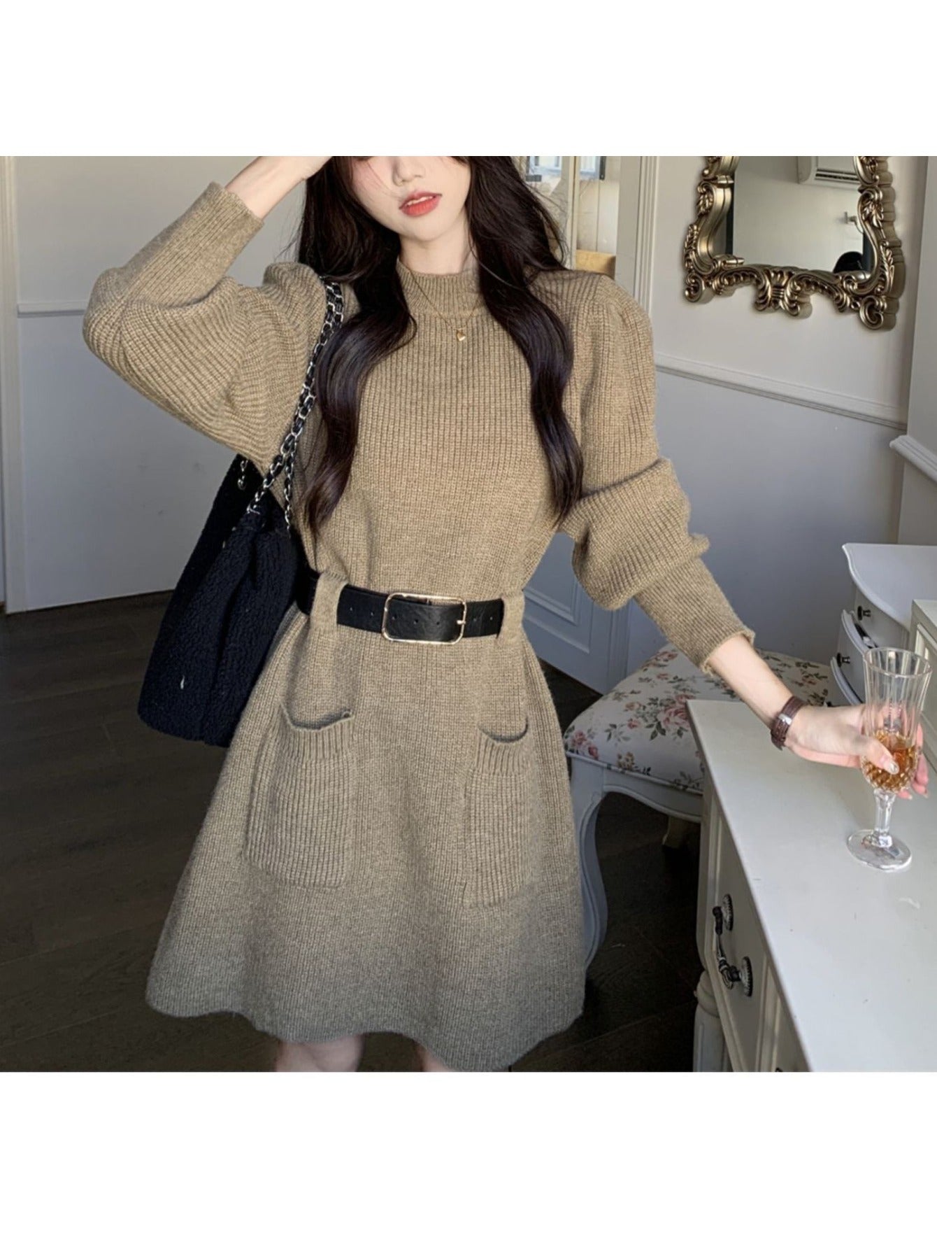 Women's French-Style Elegant Sweater Dress - A-Line Short to Mid-Length Petite Dress with, Wrinkle Detail & Umbrella